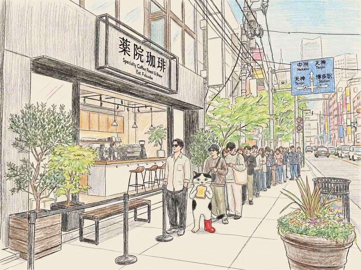 福岡・薬院の人気店で行列に並ぶNARABOUのイラスト